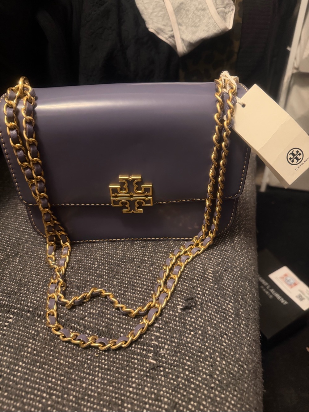 Tory Burch Lavender Leather Fleming Chain Shoulder Bag with Gold Hardware
